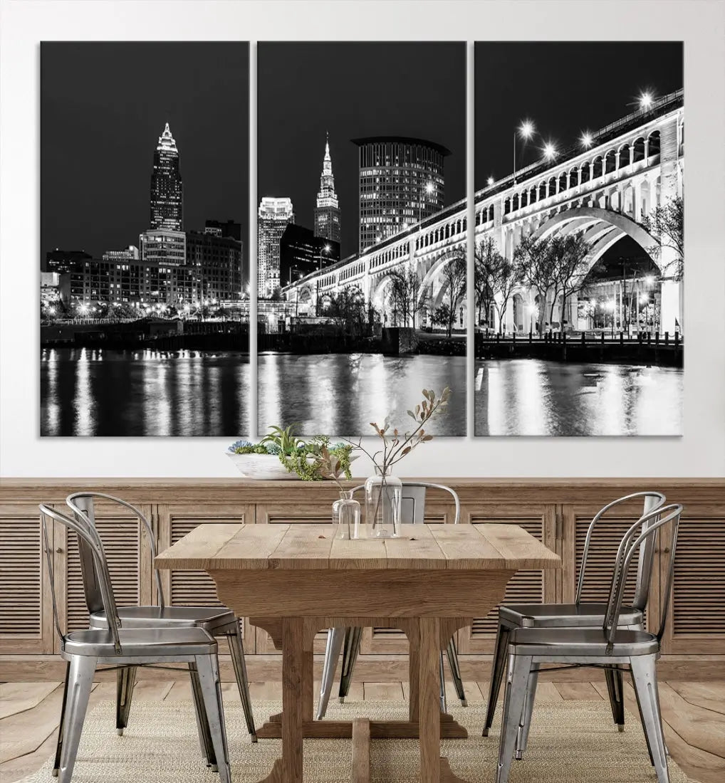 Cleveland Bridge Night Skyline Wall Art Cityscape Canvas Print Framed