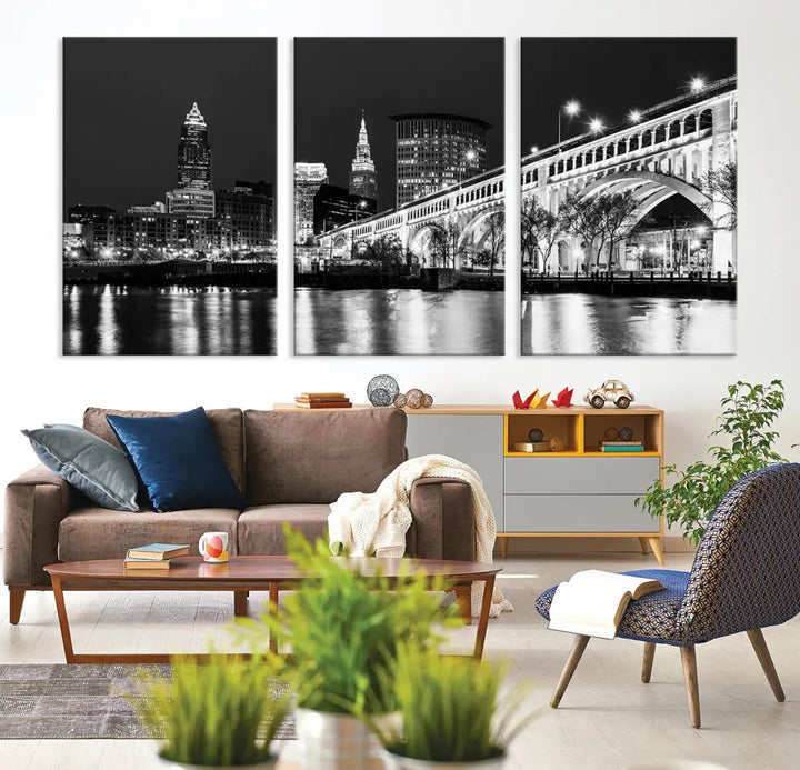 Cleveland Bridge Night Skyline Wall Art Cityscape Canvas Print Framed