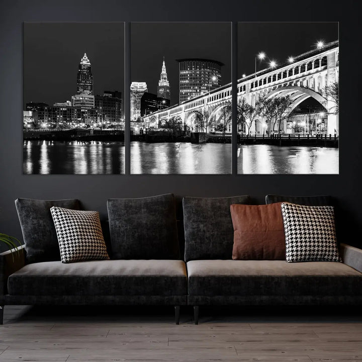 Cleveland Bridge Night Skyline Wall Art Cityscape Canvas Print Framed