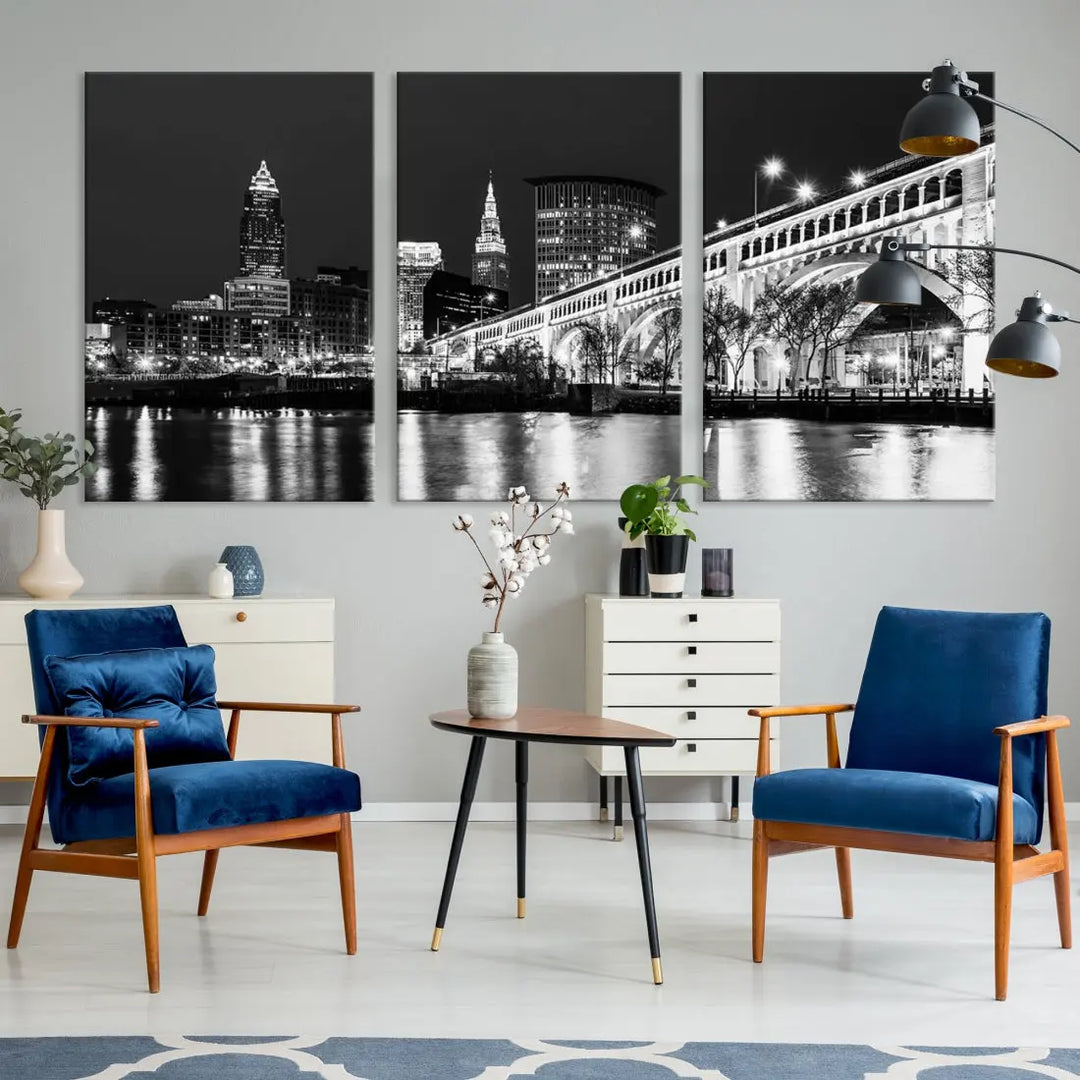 Cleveland Bridge Night Skyline Wall Art Cityscape Canvas Print Framed