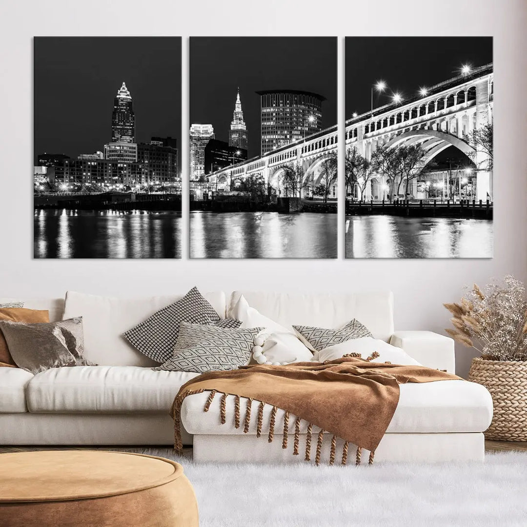 Cleveland Bridge Night Skyline Wall Art Cityscape Canvas Print Framed