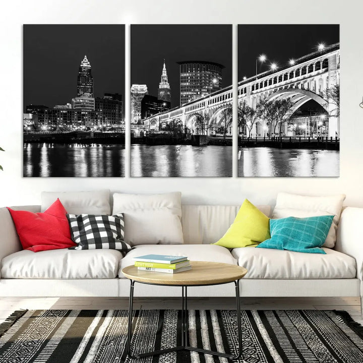 Cleveland Bridge Night Skyline Wall Art Cityscape Canvas Print Framed