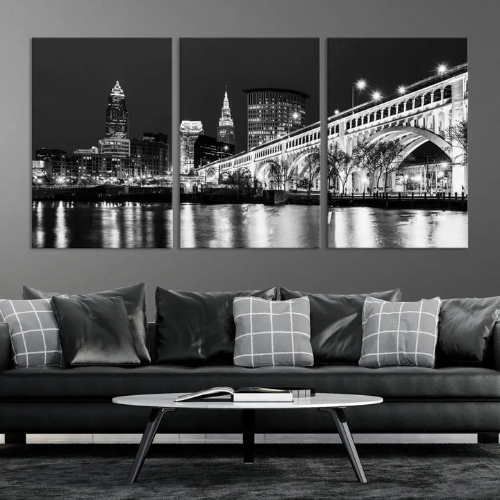 Cleveland Bridge Night Skyline Wall Art Cityscape Canvas Print Framed