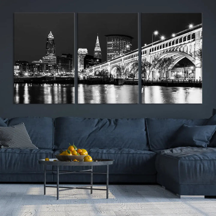 Cleveland Bridge Night Skyline Wall Art Cityscape Canvas Print Framed