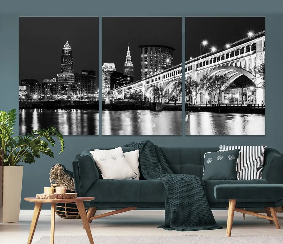 Cleveland Bridge Night Skyline Wall Art Cityscape Canvas Print Framed