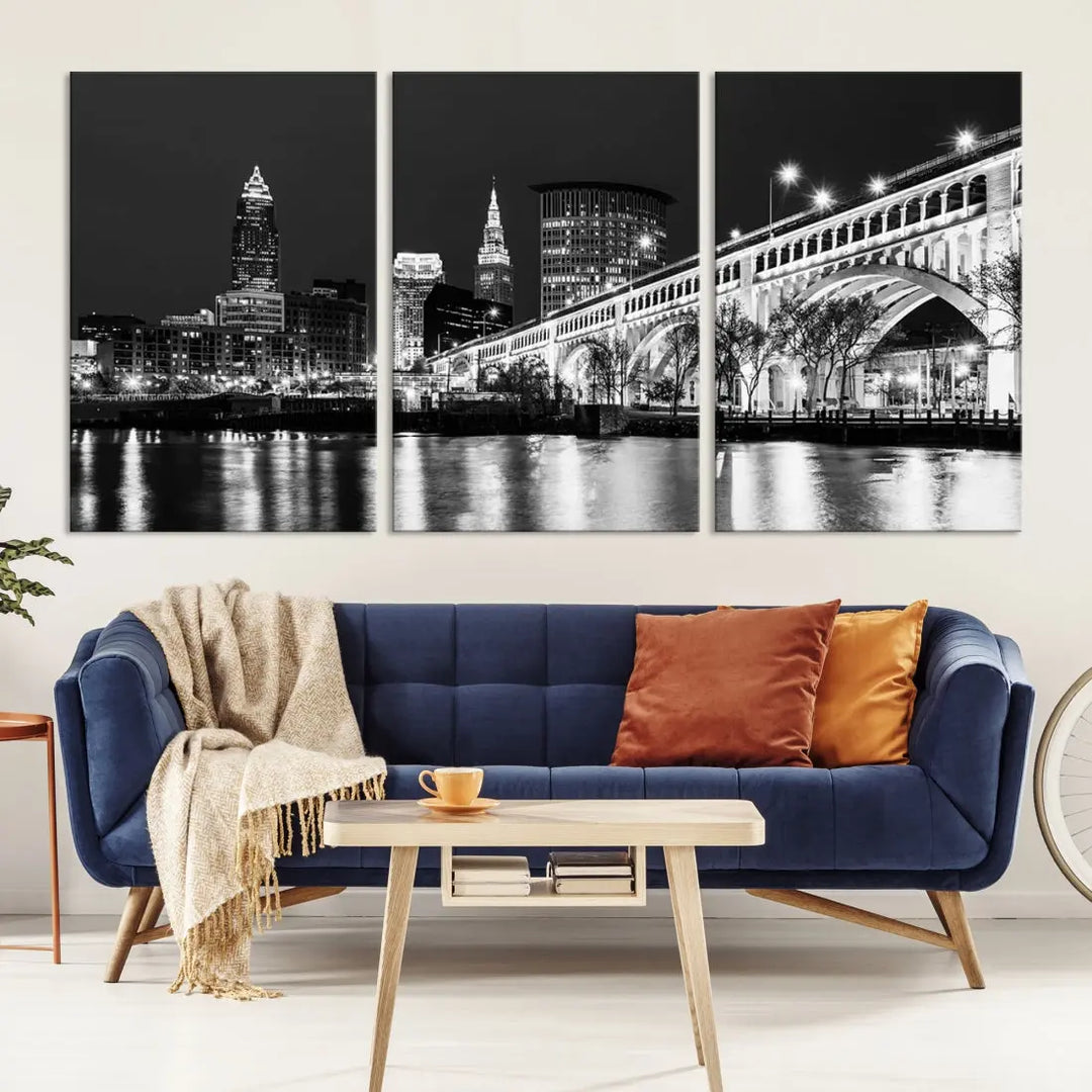 Cleveland Bridge Night Skyline Wall Art Cityscape Canvas Print Framed