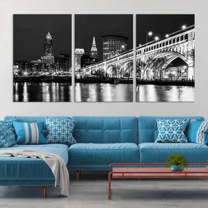 Cleveland Bridge Night Skyline Wall Art Cityscape Canvas Print Framed