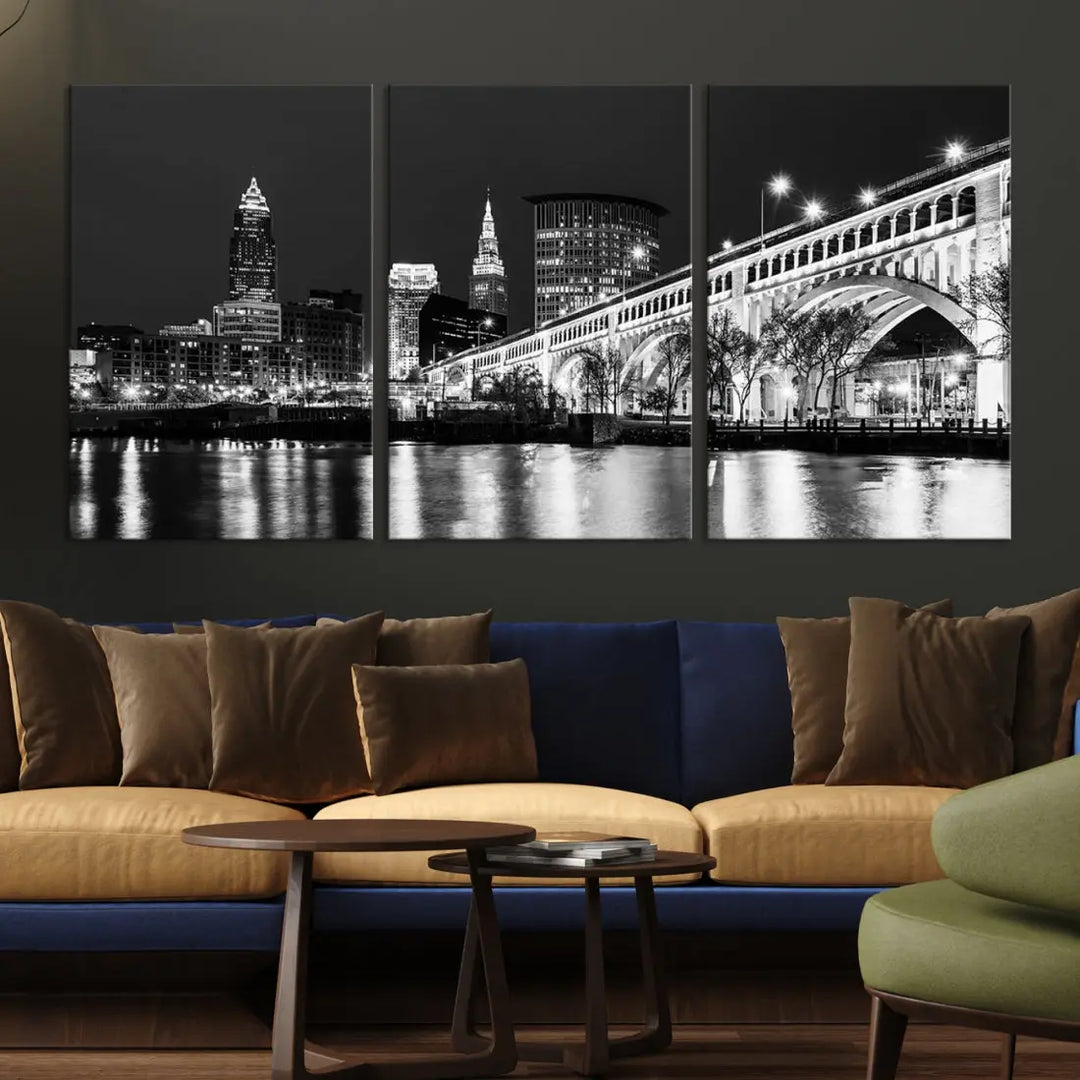 Cleveland Bridge Night Skyline Wall Art Cityscape Canvas Print Framed