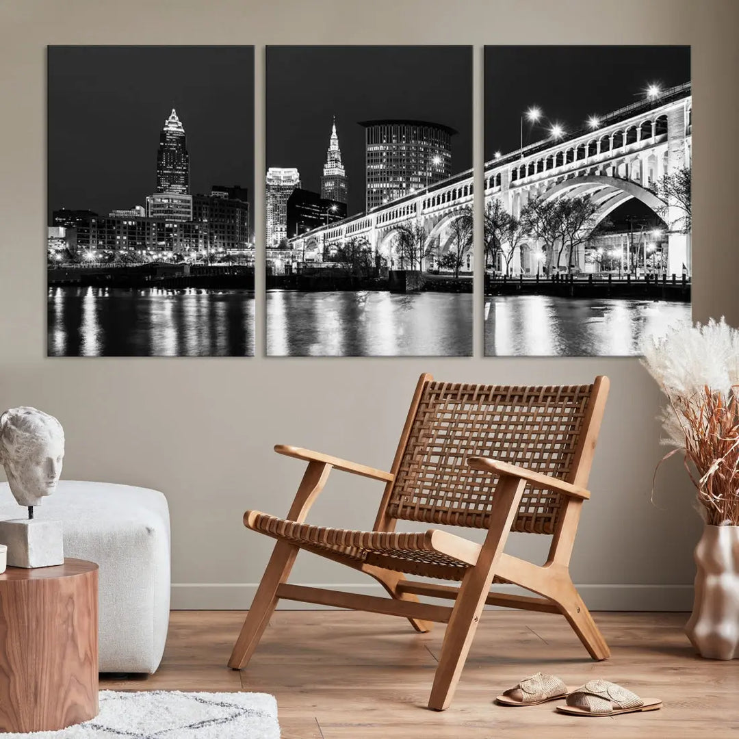 Cleveland Bridge Night Skyline Wall Art Cityscape Canvas Print Framed