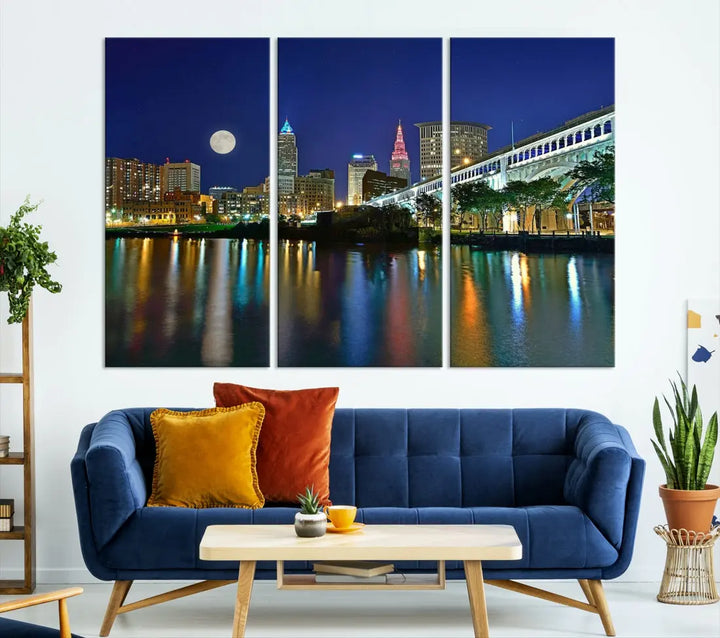 Cleveland City Full Moon Skyline Wall Art Cityscape Canvas Print