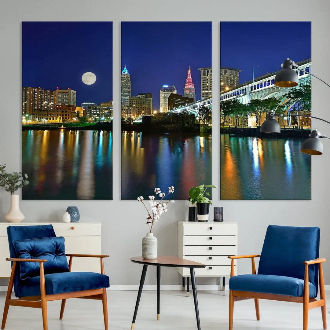 Cleveland City Full Moon Skyline Wall Art Cityscape Canvas Print