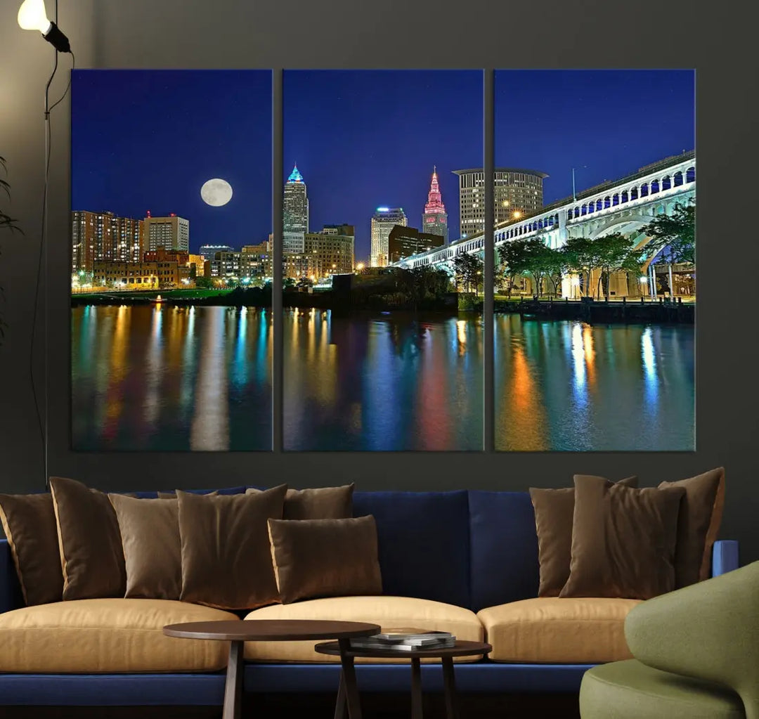 Cleveland City Full Moon Skyline Wall Art Cityscape Canvas Print