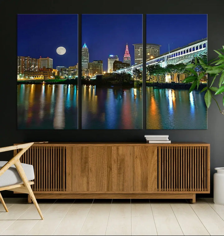 Cleveland City Full Moon Skyline Wall Art Cityscape Canvas Print