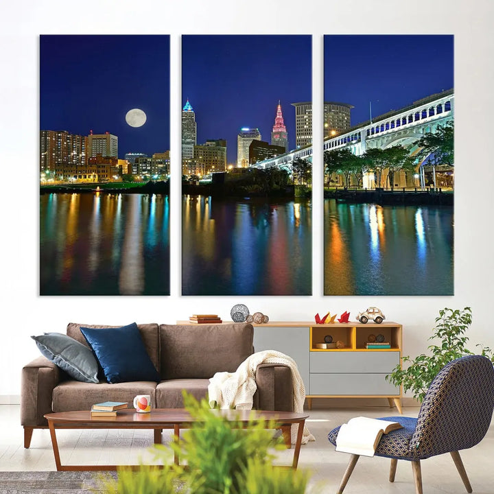 Cleveland City Full Moon Skyline Wall Art Cityscape Canvas Print