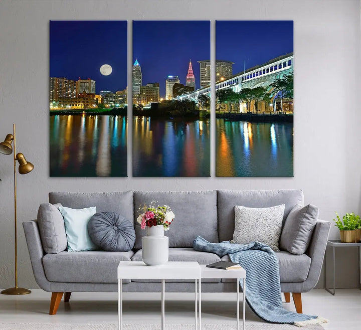 Cleveland City Full Moon Skyline Wall Art Cityscape Canvas Print