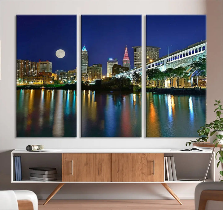 Cleveland City Full Moon Skyline Wall Art Cityscape Canvas Print