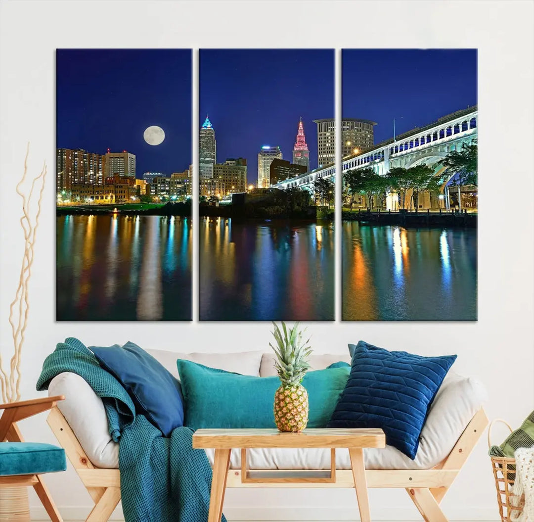 Cleveland City Full Moon Skyline Wall Art Cityscape Canvas Print