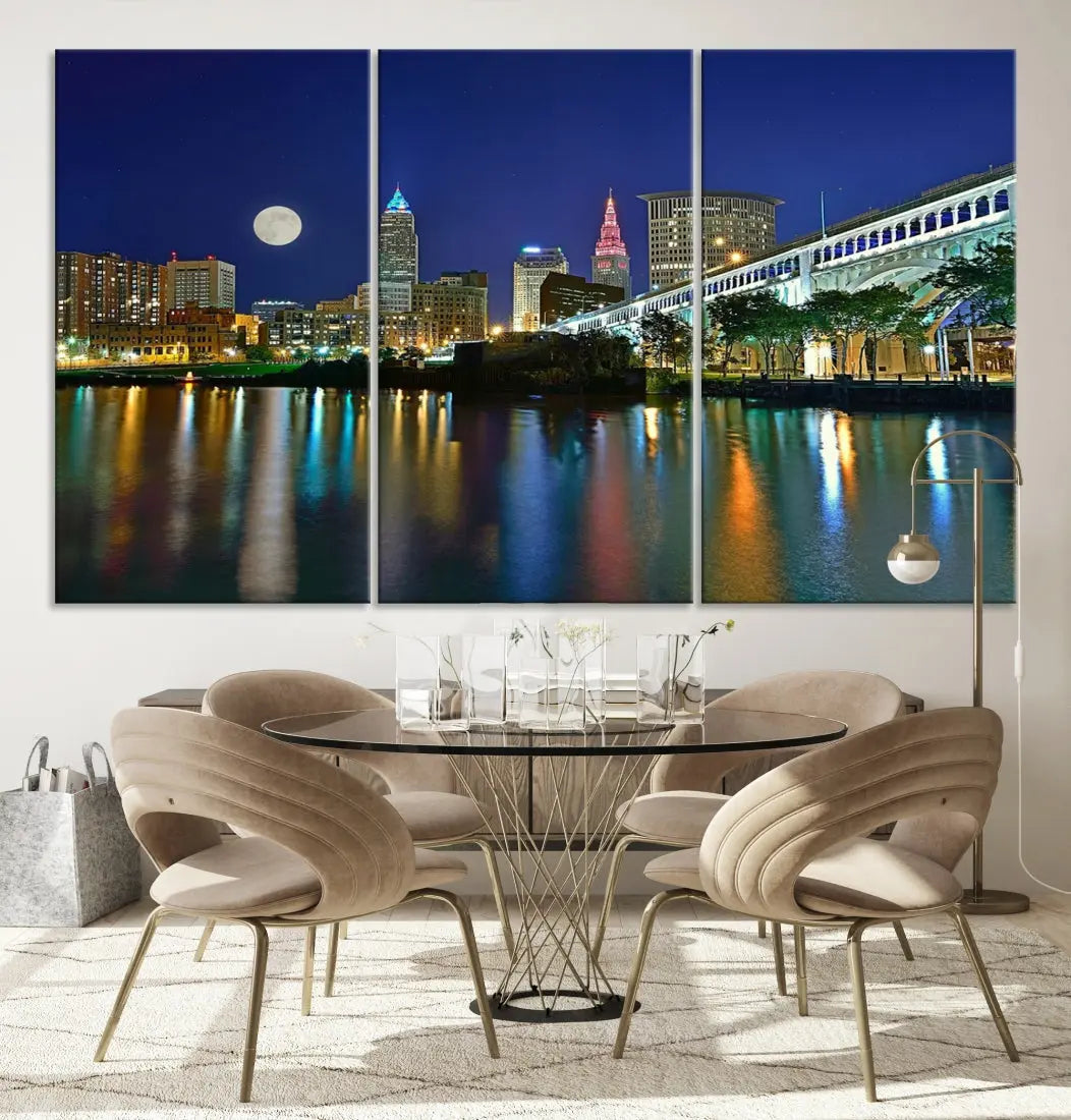 Cleveland City Full Moon Skyline Wall Art Cityscape Canvas Print