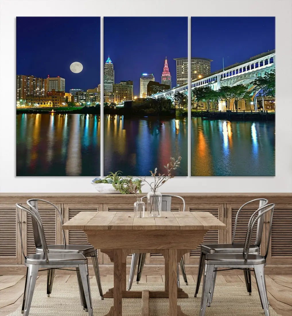 Cleveland City Full Moon Skyline Wall Art Cityscape Canvas Print