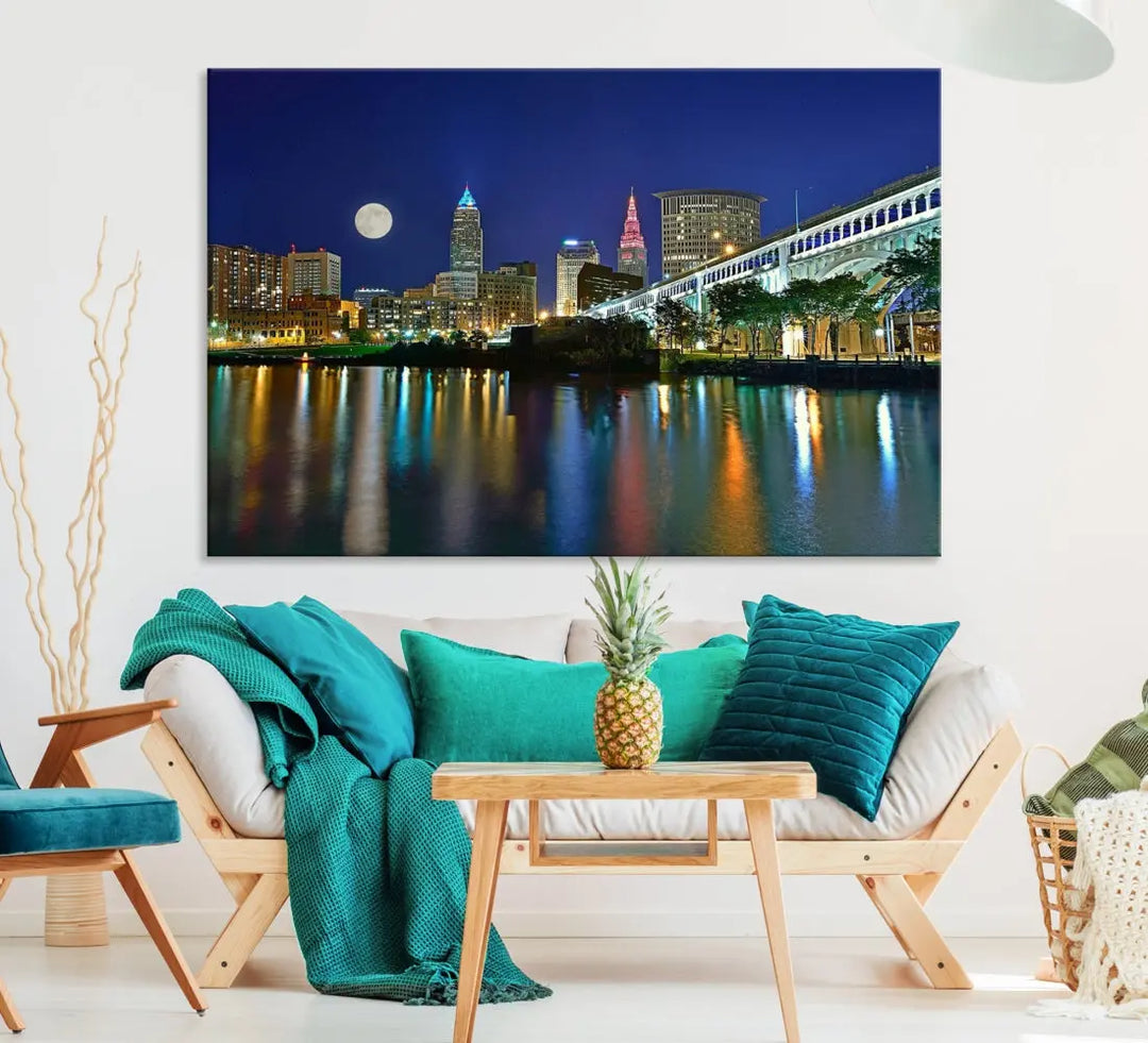 Cleveland City Full Moon Skyline Wall Art Cityscape Canvas Print