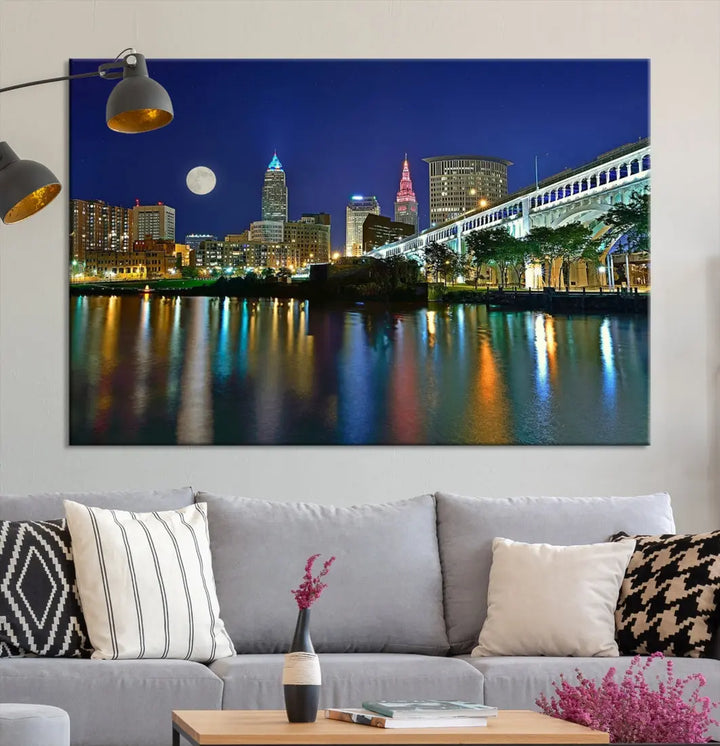 Cleveland City Full Moon Skyline Wall Art Cityscape Canvas Print