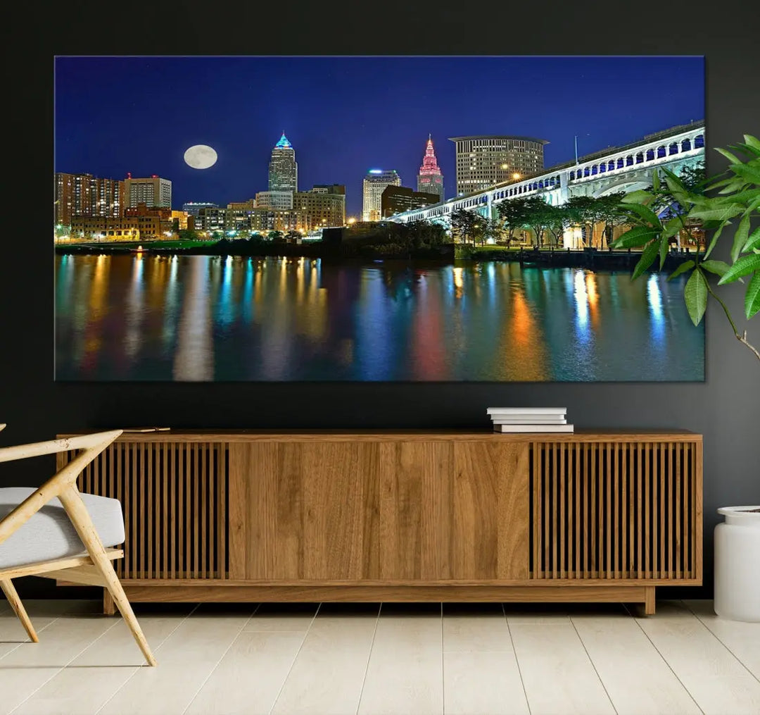 Cleveland City Full Moon Skyline Wall Art Cityscape Canvas Print