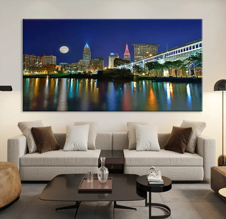 Cleveland City Full Moon Skyline Wall Art Cityscape Canvas Print