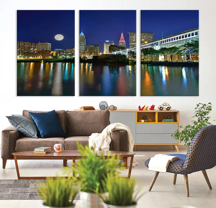 Cleveland City Full Moon Skyline Wall Art Cityscape Canvas Print