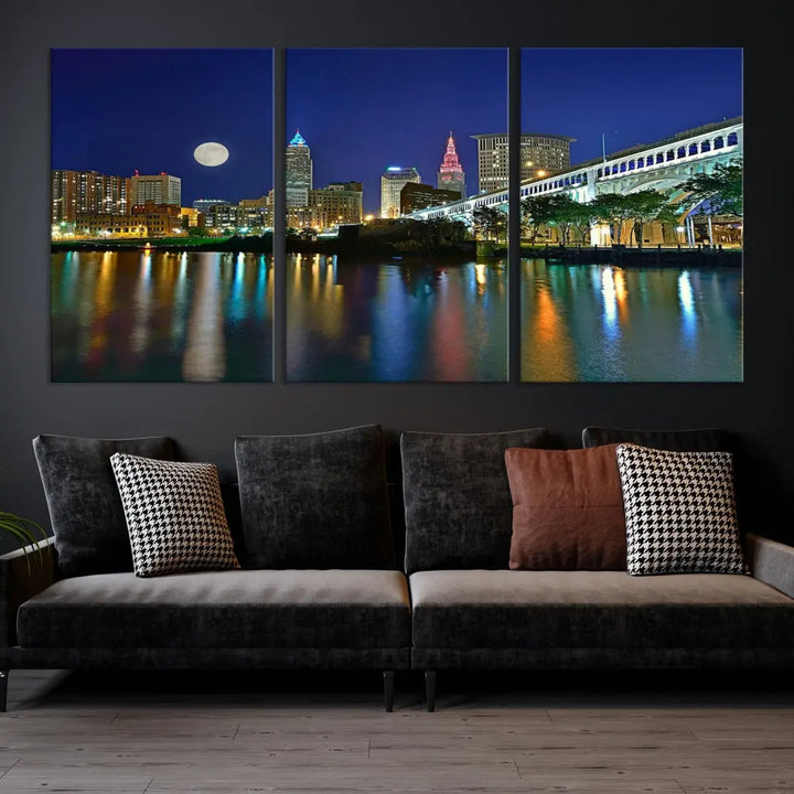 Cleveland City Full Moon Skyline Wall Art Cityscape Canvas Print