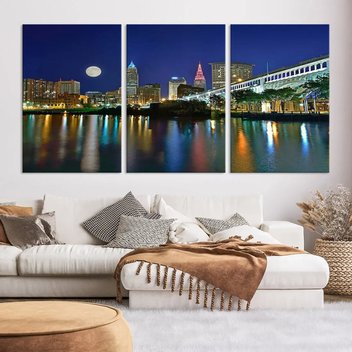 Cleveland City Full Moon Skyline Wall Art Cityscape Canvas Print