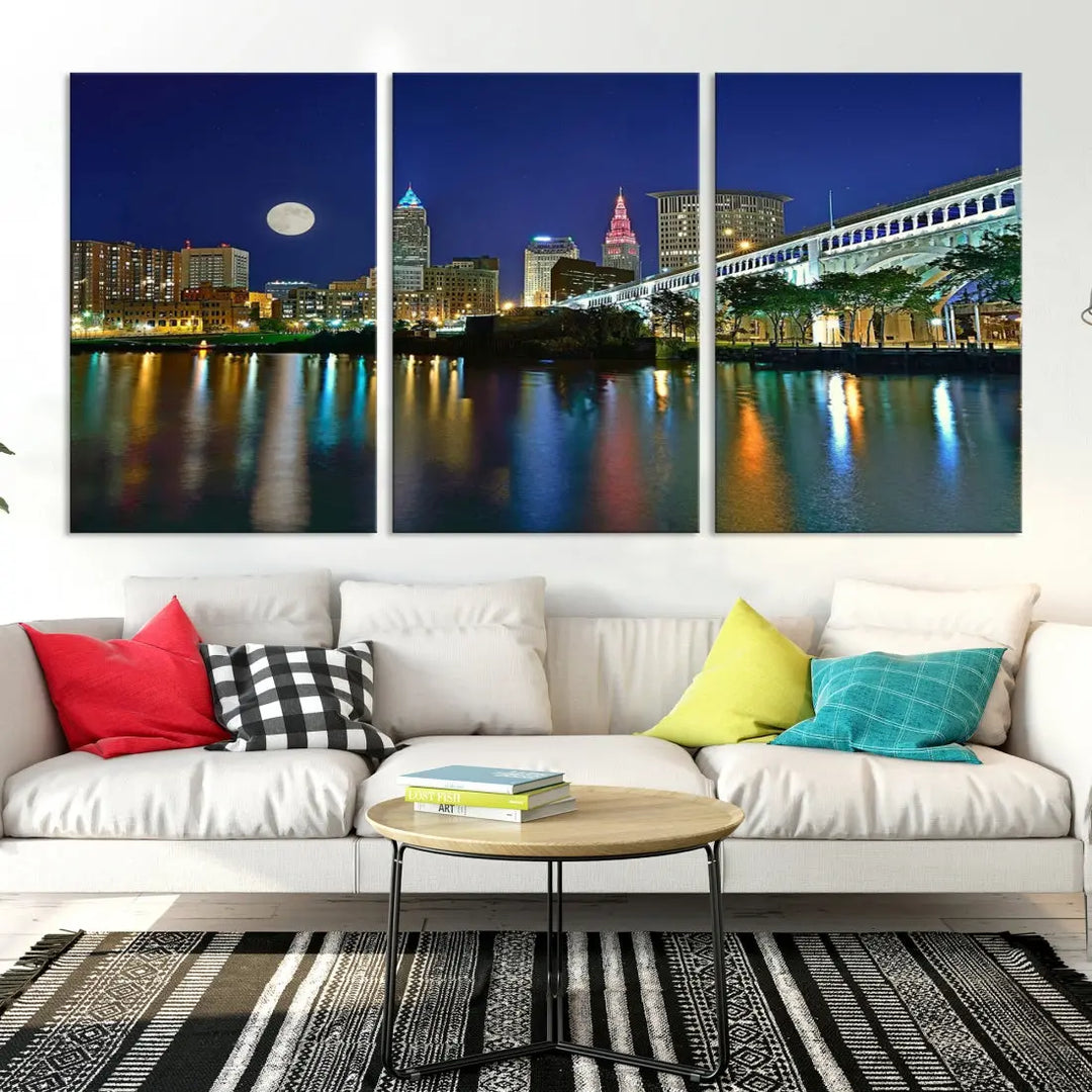 Cleveland City Full Moon Skyline Wall Art Cityscape Canvas Print