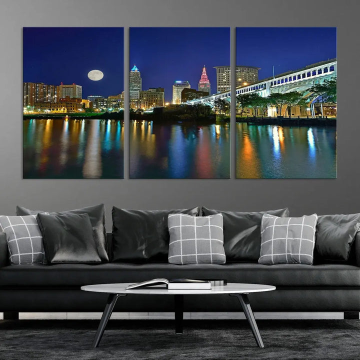 Cleveland City Full Moon Skyline Wall Art Cityscape Canvas Print