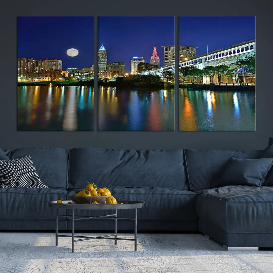 Cleveland City Full Moon Skyline Wall Art Cityscape Canvas Print