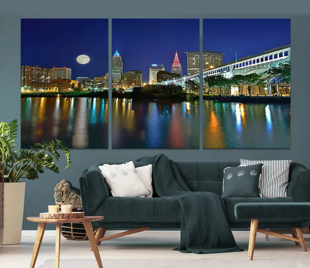 Cleveland City Full Moon Skyline Wall Art Cityscape Canvas Print