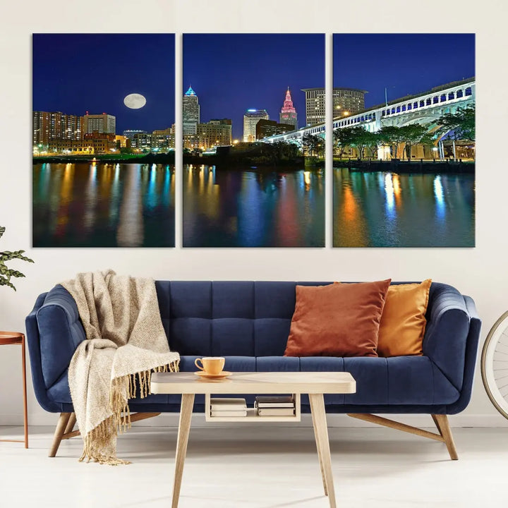 Cleveland City Full Moon Skyline Wall Art Cityscape Canvas Print