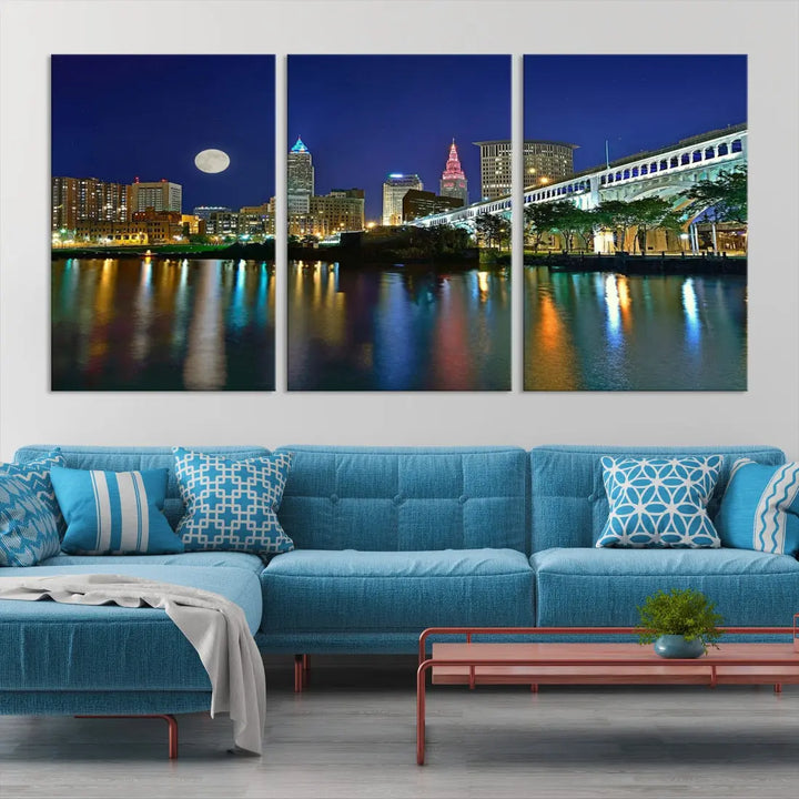 Cleveland City Full Moon Skyline Wall Art Cityscape Canvas Print