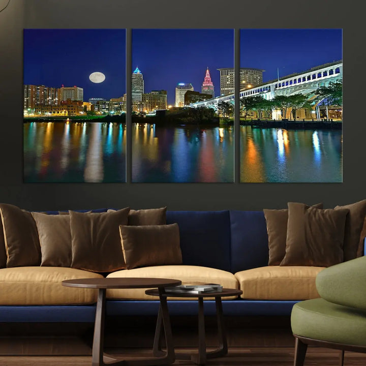 Cleveland City Full Moon Skyline Wall Art Cityscape Canvas Print