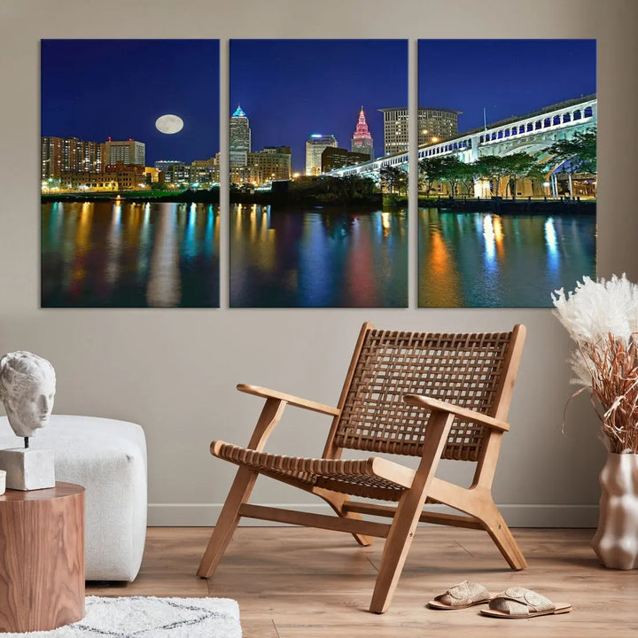 Cleveland City Full Moon Skyline Wall Art Cityscape Canvas Print