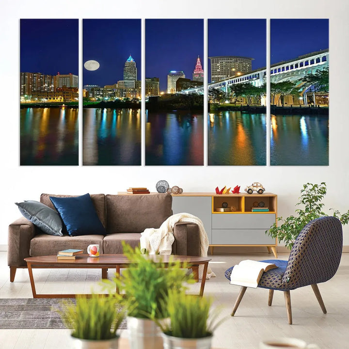 Cleveland City Full Moon Skyline Wall Art Cityscape Canvas Print