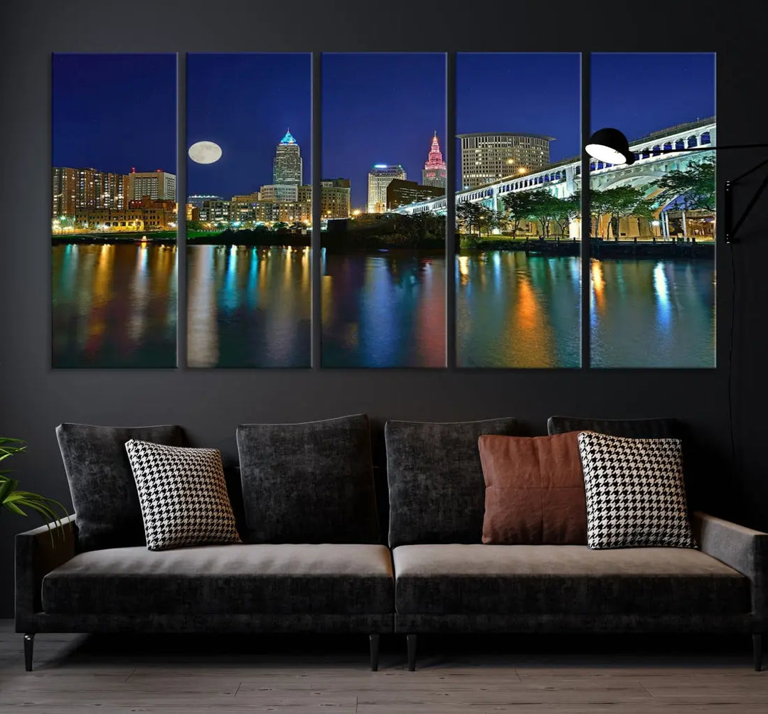 Cleveland City Full Moon Skyline Wall Art Cityscape Canvas Print