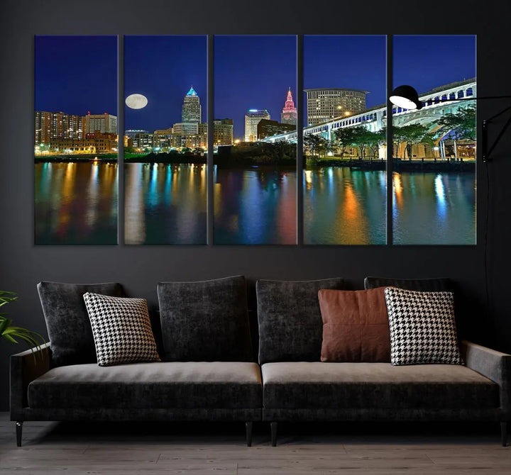 Cleveland City Full Moon Skyline Wall Art Cityscape Canvas Print