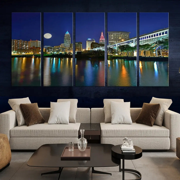 Cleveland City Full Moon Skyline Wall Art Cityscape Canvas Print