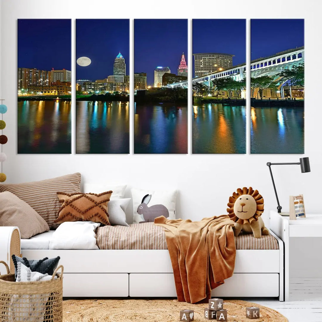 Cleveland City Full Moon Skyline Wall Art Cityscape Canvas Print