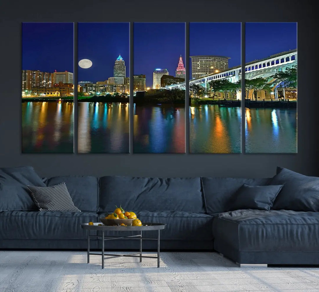 Cleveland City Full Moon Skyline Wall Art Cityscape Canvas Print