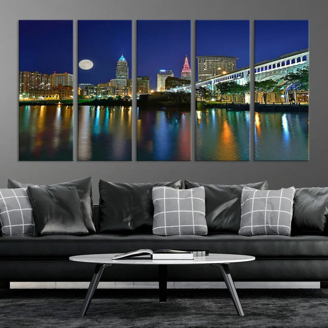 Cleveland City Full Moon Skyline Wall Art Cityscape Canvas Print