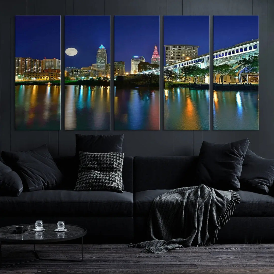 Cleveland City Full Moon Skyline Wall Art Cityscape Canvas Print