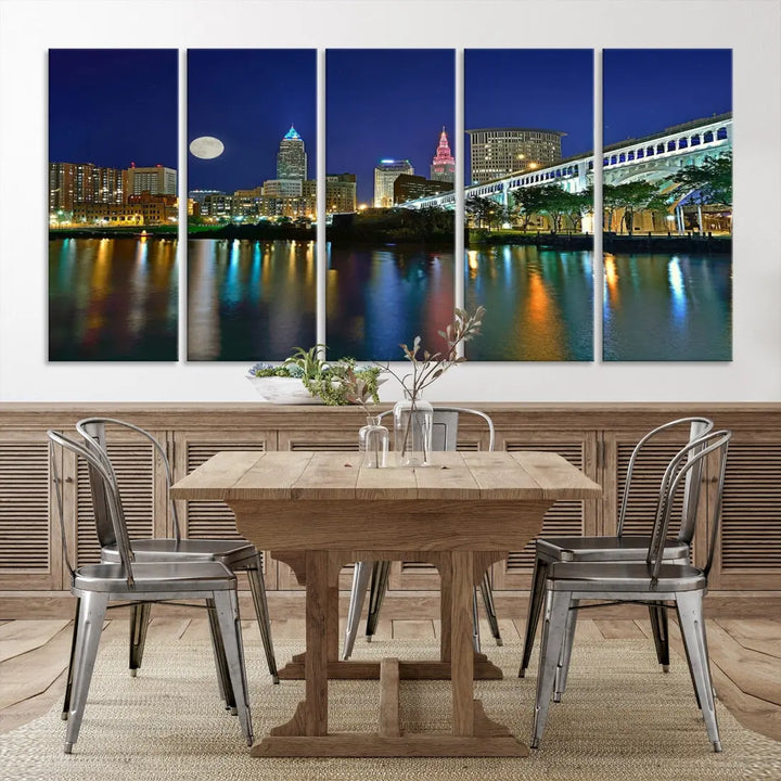 Cleveland City Full Moon Skyline Wall Art Cityscape Canvas Print