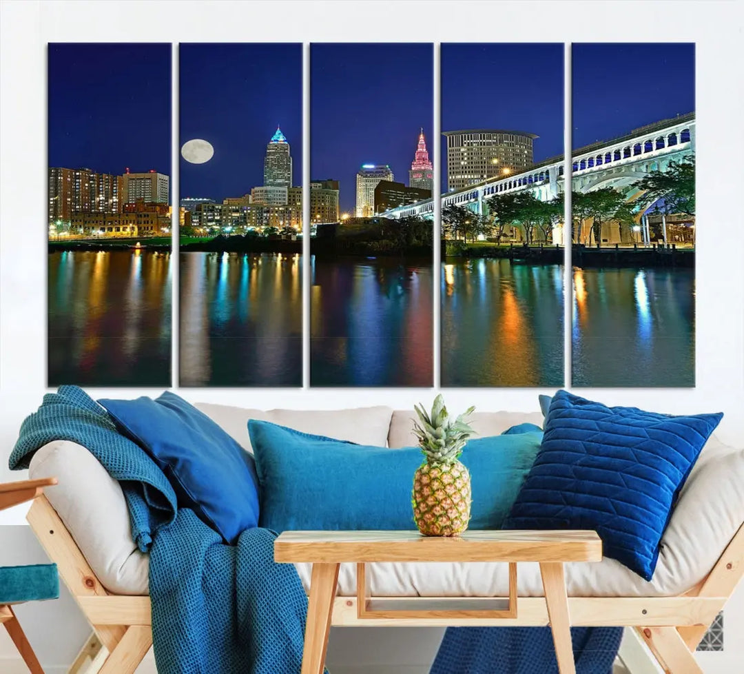 Cleveland City Full Moon Skyline Wall Art Cityscape Canvas Print