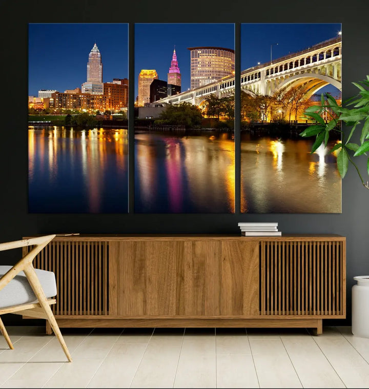 Cleveland Downtown Night Skyline Wall Art Canvas Print Framed Wall Decor