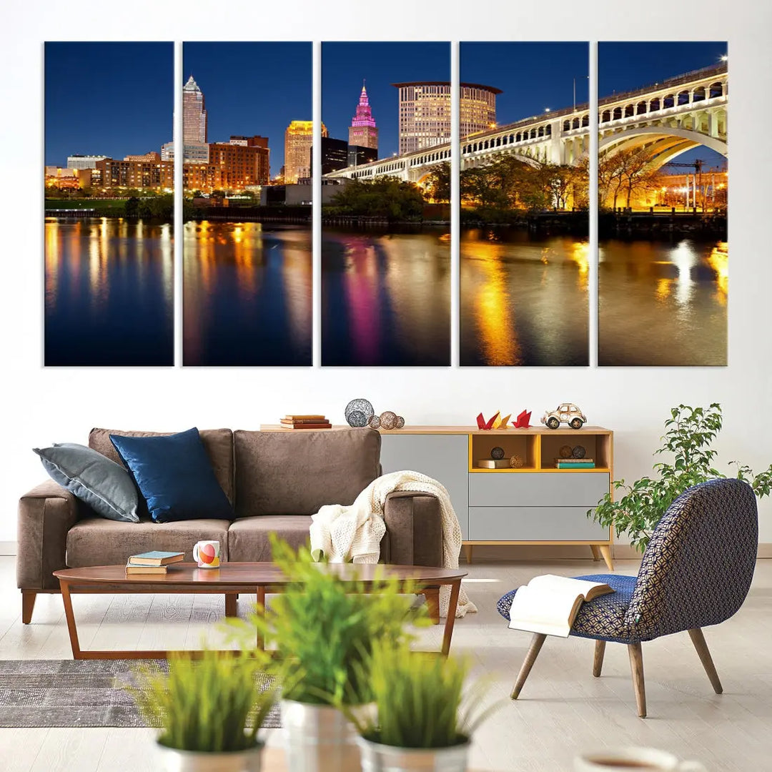 Cleveland Downtown Night Skyline Wall Art Canvas Print Framed Wall Decor